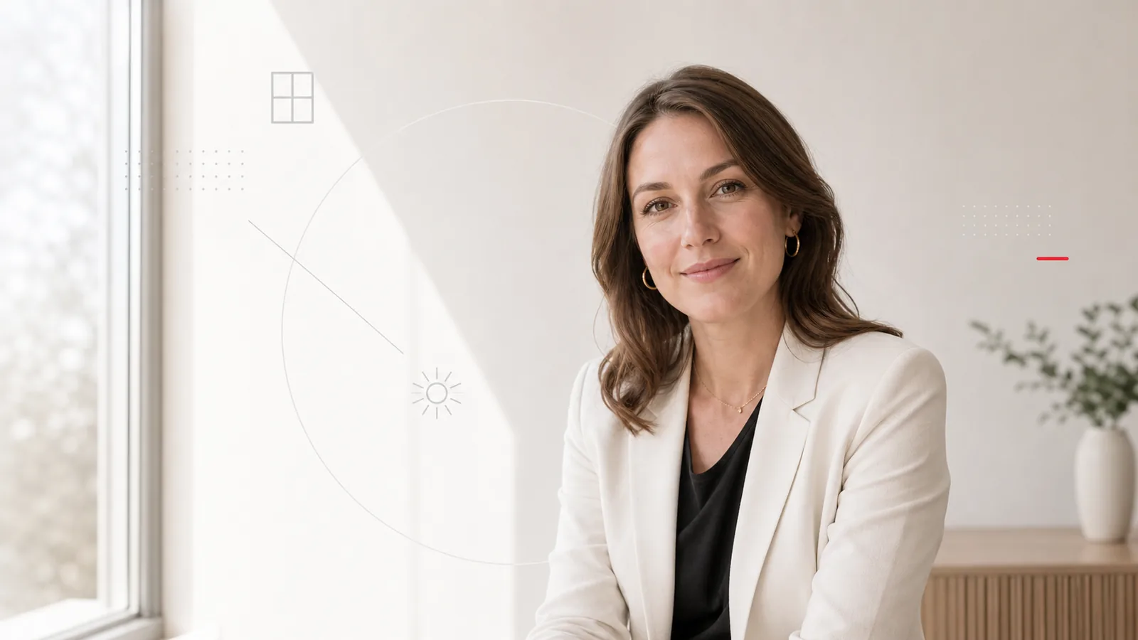 Business-Portrait einer brünetten Frau in cremefarbenem Blazer und schwarzem Top, sitzend an einem Fenster mit weichem Tageslicht
