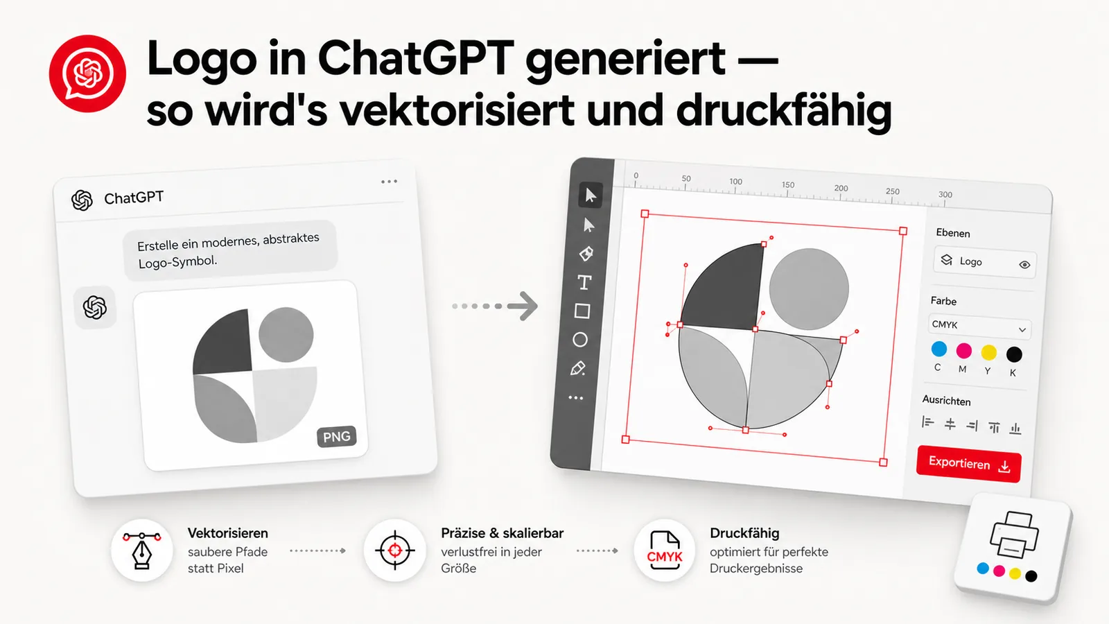 Cover-Illustration Logo in ChatGPT generiert und vektorisiert: links ChatGPT-Interface mit Logo-Prompt und PNG-Ausgabe, rechts Vektor-Editor mit Pfaden, unten drei Schritte Vektorisieren, Skalieren, Druck-CMYK