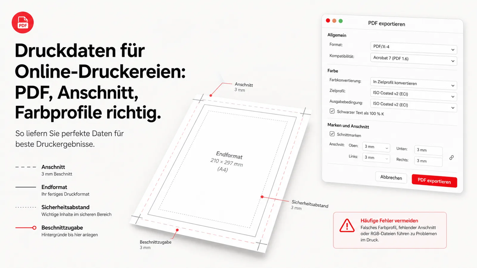 Cover-Illustration Druckdaten für Online-Druckereien: technische Zeichnung eines Druckbogens mit eingezeichnetem Anschnitt, Endformat und Sicherheitsabstand sowie PDF-Export-Dialog mit Farbprofil-Einstellungen