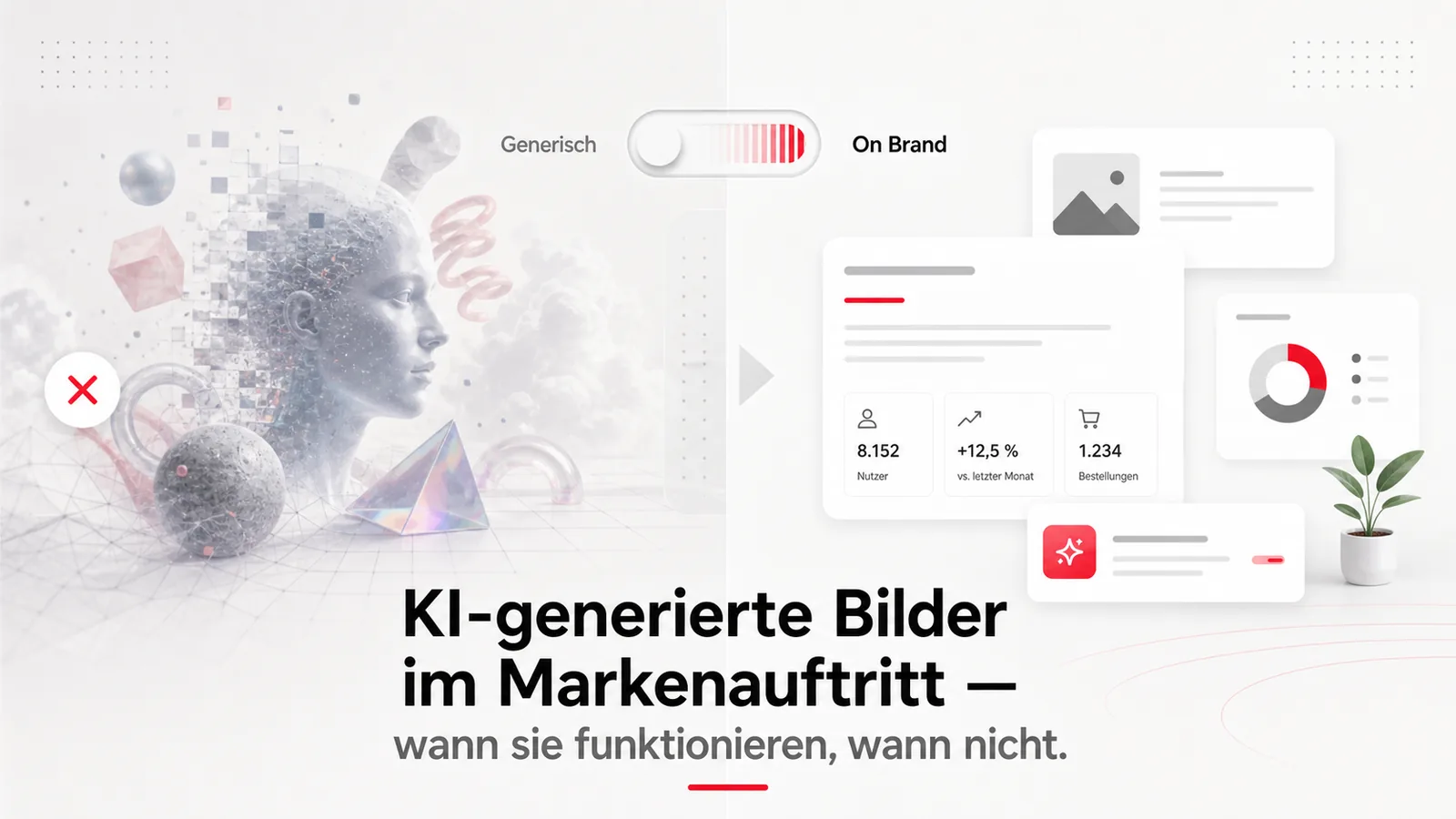 Cover-Illustration KI-Bilder im Markenauftritt: Vergleich generischer KI-3D-Renders gegenüber on-brand-konformen Markenbildern, mit Schalter zwischen Generisch und On Brand sowie Performance-Dashboard