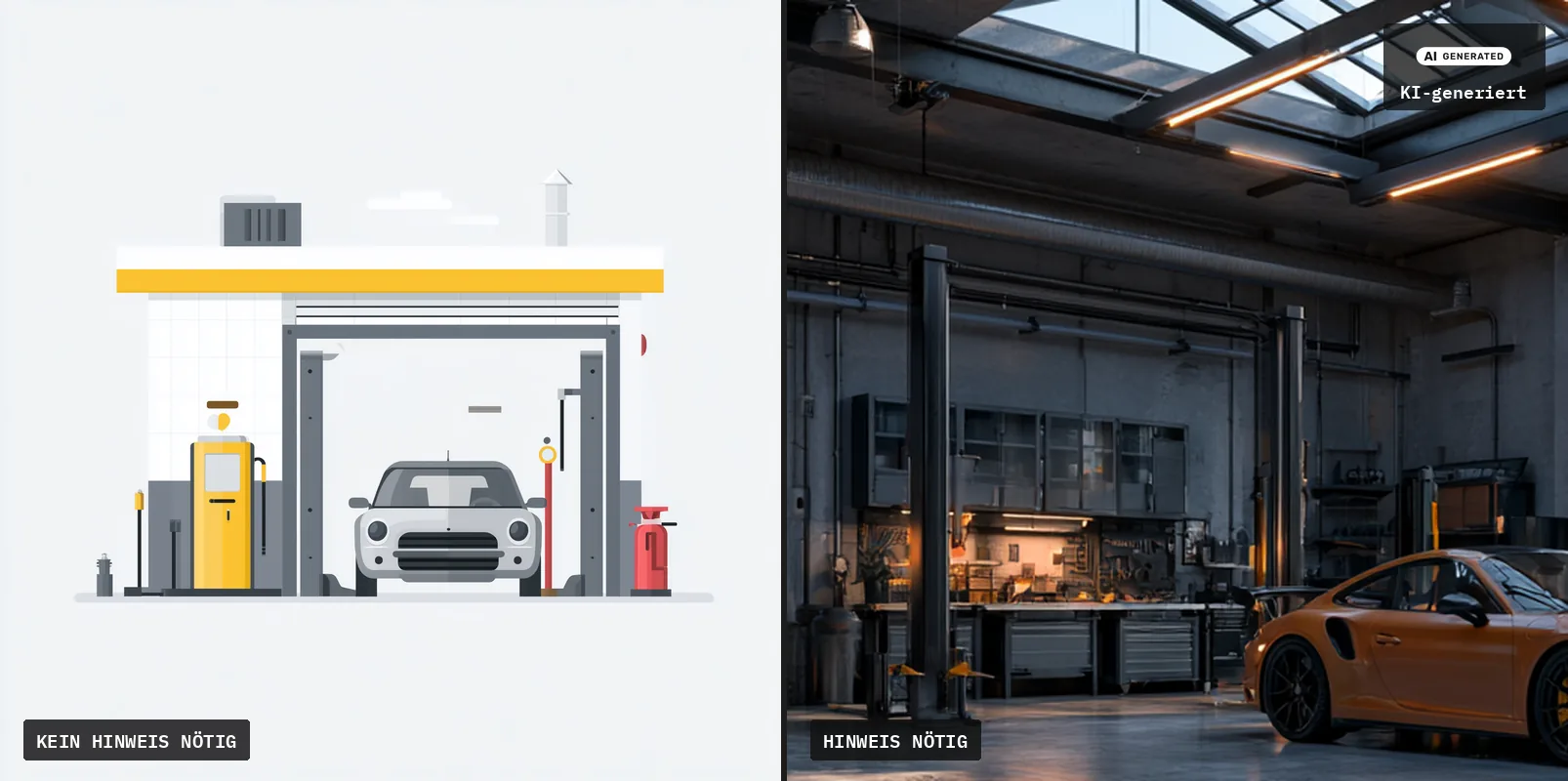 Zwei Werkstätten nebeneinander: links eine flache, klar gezeichnete Illustration einer Werkstatt mit Zapfsäule, rechts eine fotorealistische Werkstatthalle mit Hebebühnen, Werkbank und Oberlicht, oben rechts das EU-Icon und der Hinweis KI-generiert