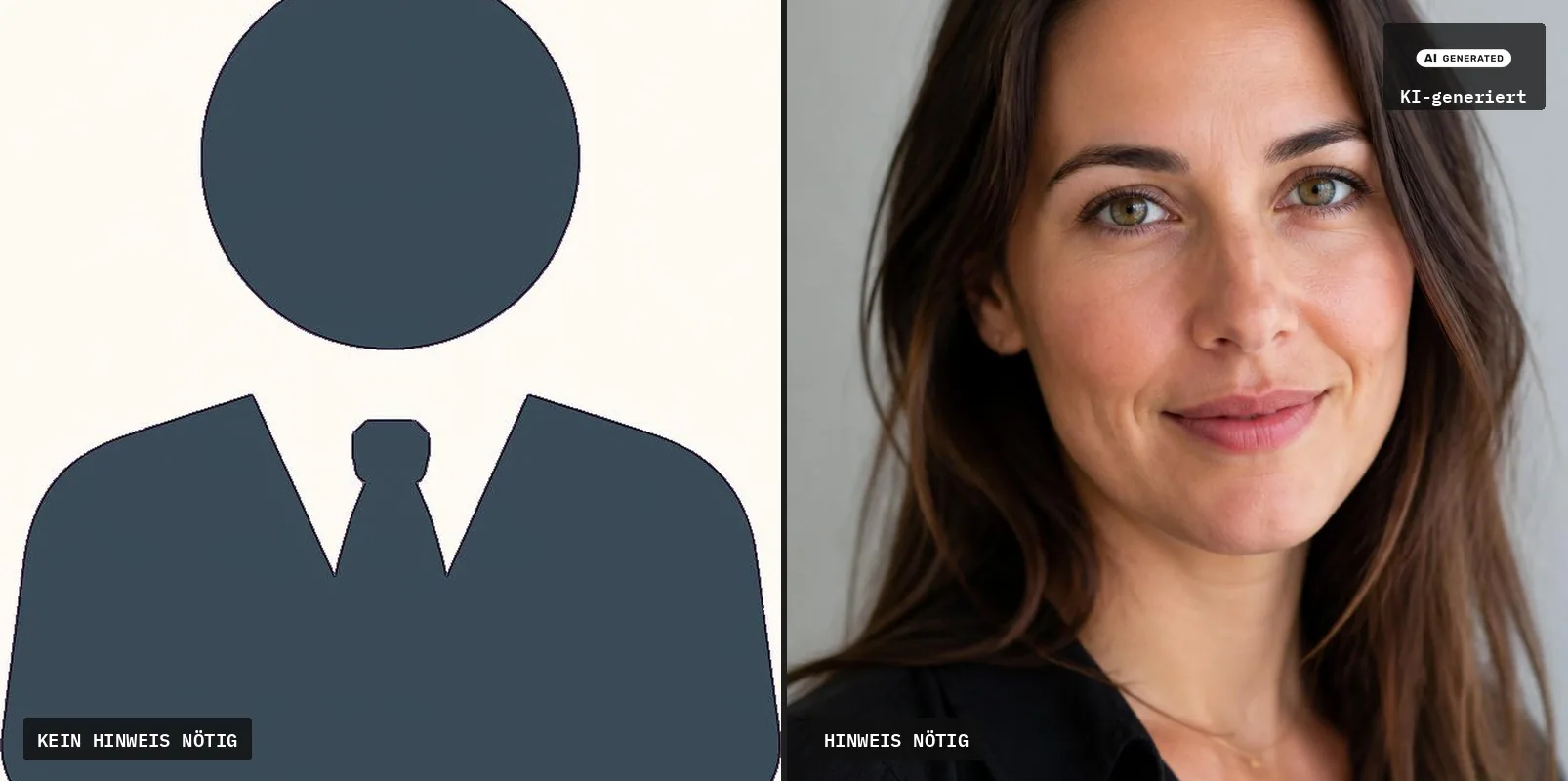 Zwei Personendarstellungen nebeneinander: links ein reduziertes Piktogramm einer Person, rechts ein fotorealistisches Porträt einer Frau vor grauem Hintergrund, oben rechts das EU-Icon und der Hinweis KI-generiert