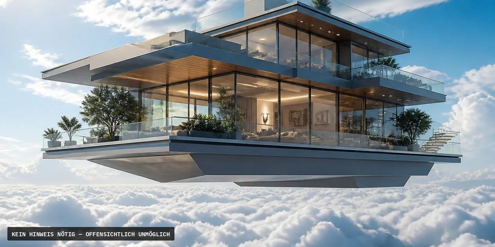 Ein modernes Glashaus schwebt frei über einer geschlossenen Wolkendecke — ein physikalisch unmögliches Motiv als Gegenbeispiel, ohne Kennzeichnung