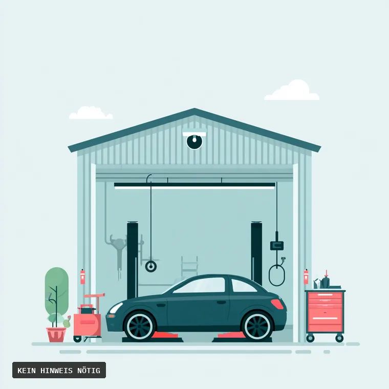 Flache Illustration einer Werkstatthalle mit Hebebühne in Mintgrün — gezeichnet, kein Hinweis nötig