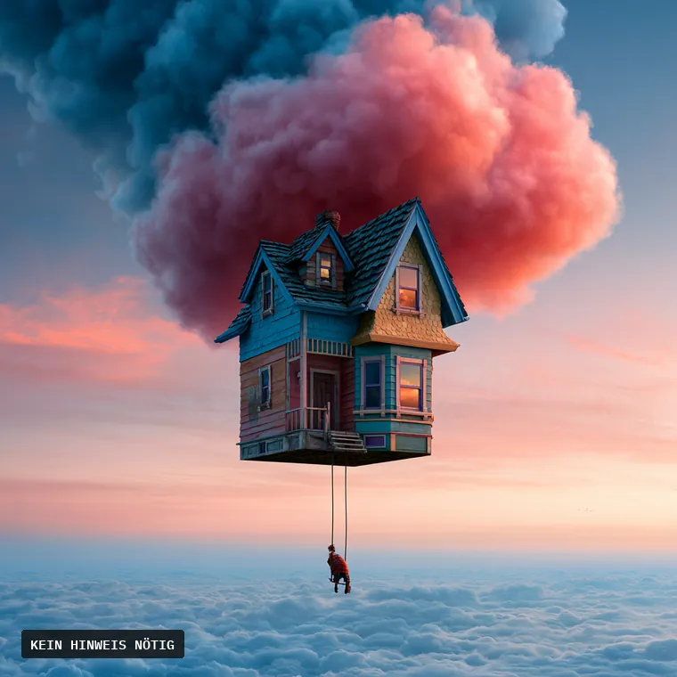 Ein buntes Holzhaus hängt unter einer rosa Wolke über den Wolken, darunter baumelt eine winzige Figur an einem Seil — unmöglich, kein Hinweis nötig