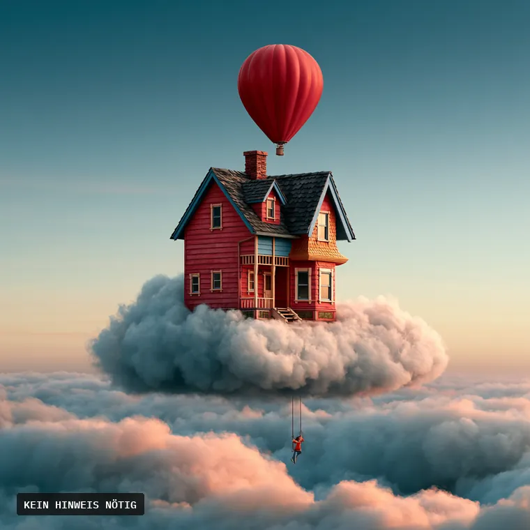 Ein rotes Haus steht auf einer Wolke, darüber schwebt ein Heißluftballon — unmöglich, kein Hinweis nötig