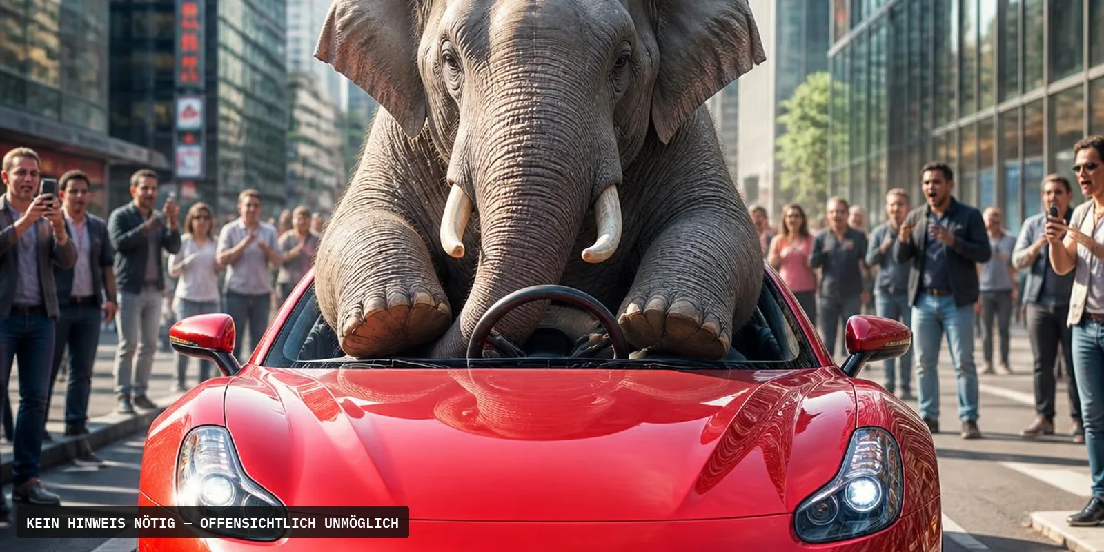 Ein Elefant sitzt am Steuer eines roten Cabrios auf einer belebten Straße — fotorealistisch gerendert, aber offensichtlich unmöglich