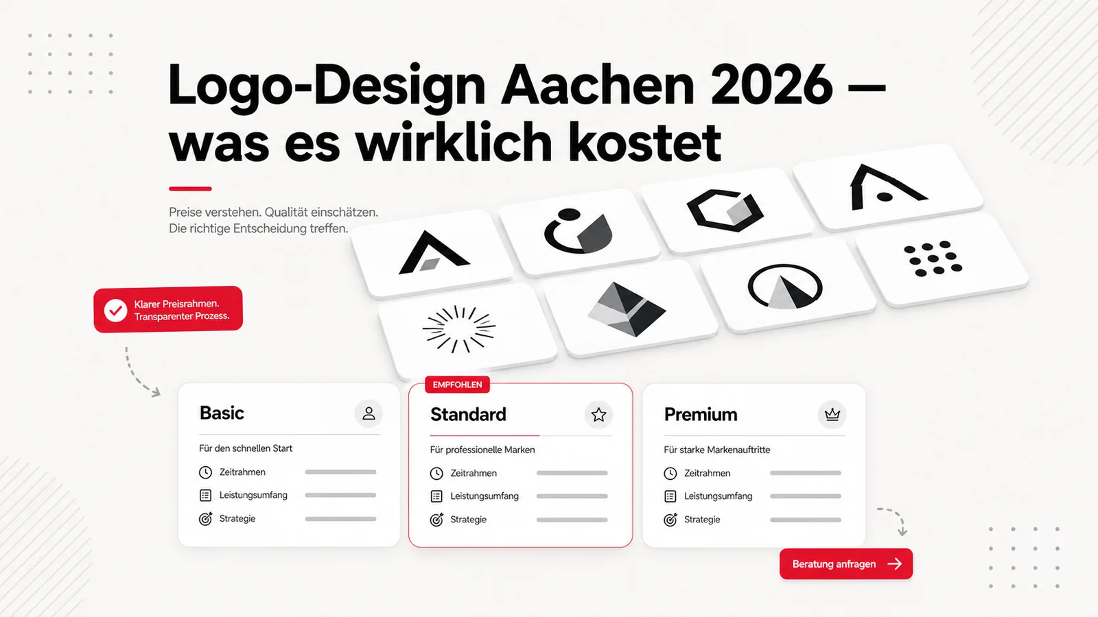 Cover-Illustration Logo-Design Aachen 2026 was es kostet: Raster aus 9 abstrakten Logo-Beispielen oben, drei Preispakete Basic / Standard / Premium darunter mit Standard als Bestseller markiert