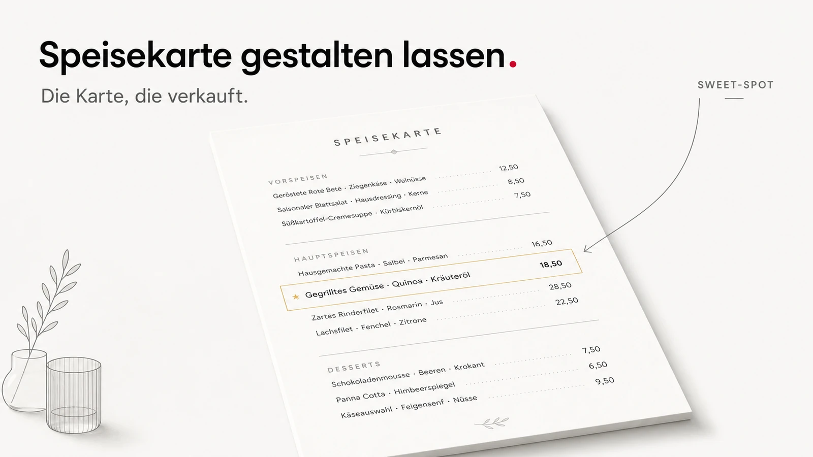 Cover-Illustration Speisekarte gestalten lassen: eine gestaltete Menükarte mit Blickverlauf und hervorgehobenem Sweet-Spot-Gericht