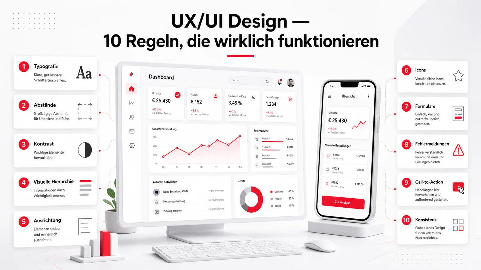 Cover-Illustration UX/UI Design — 10 Regeln, die wirklich funktionieren: Desktop-Dashboard und Smartphone-App-Mockup mit nummerierten Regelkarten links und rechts (Typografie, Abstände, Kontrast, Visuelle Hierarchie, Ausrichtung, Icons, Formulare, Fehlermeldungen, Call-to-Action, Konsistenz)