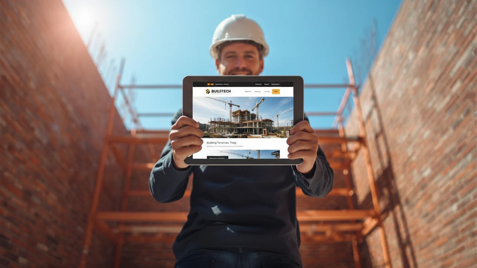 Lächelnder Bauarbeiter mit weißem Helm hält ein Tablet mit einer Handwerker-Website in die Kamera, dahinter Ziegelwände und Gerüst — was eine Website für Handwerker kostet