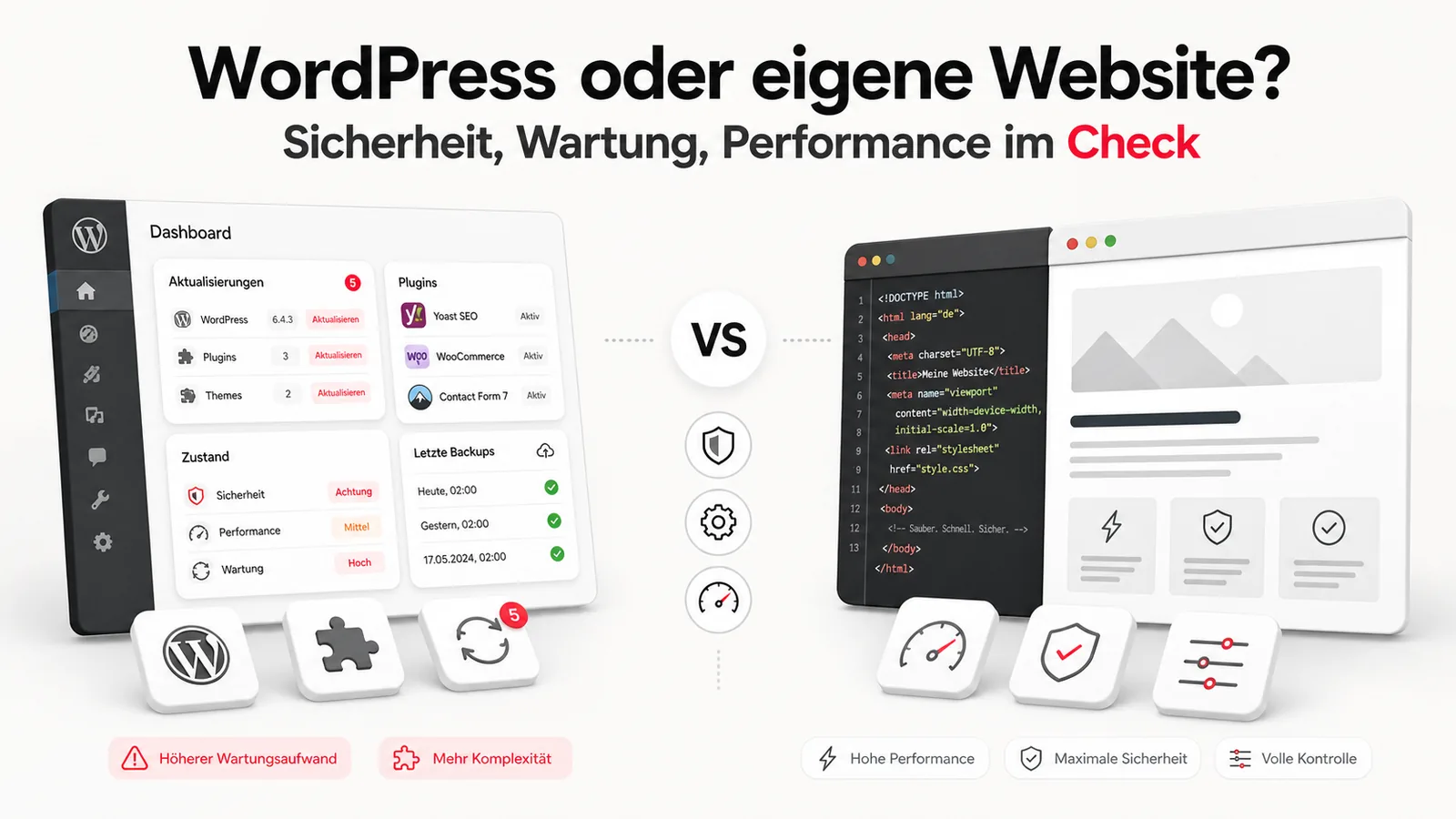 Cover-Illustration WordPress oder eigene Website: links WordPress-Dashboard mit Update-Liste und Plugins, rechts HTML-Code-Editor mit Browser-Vorschau, Gegenüberstellung mit Bewertungs-Icons für Wartung, Komplexität, Performance, Sicherheit, Kontrolle