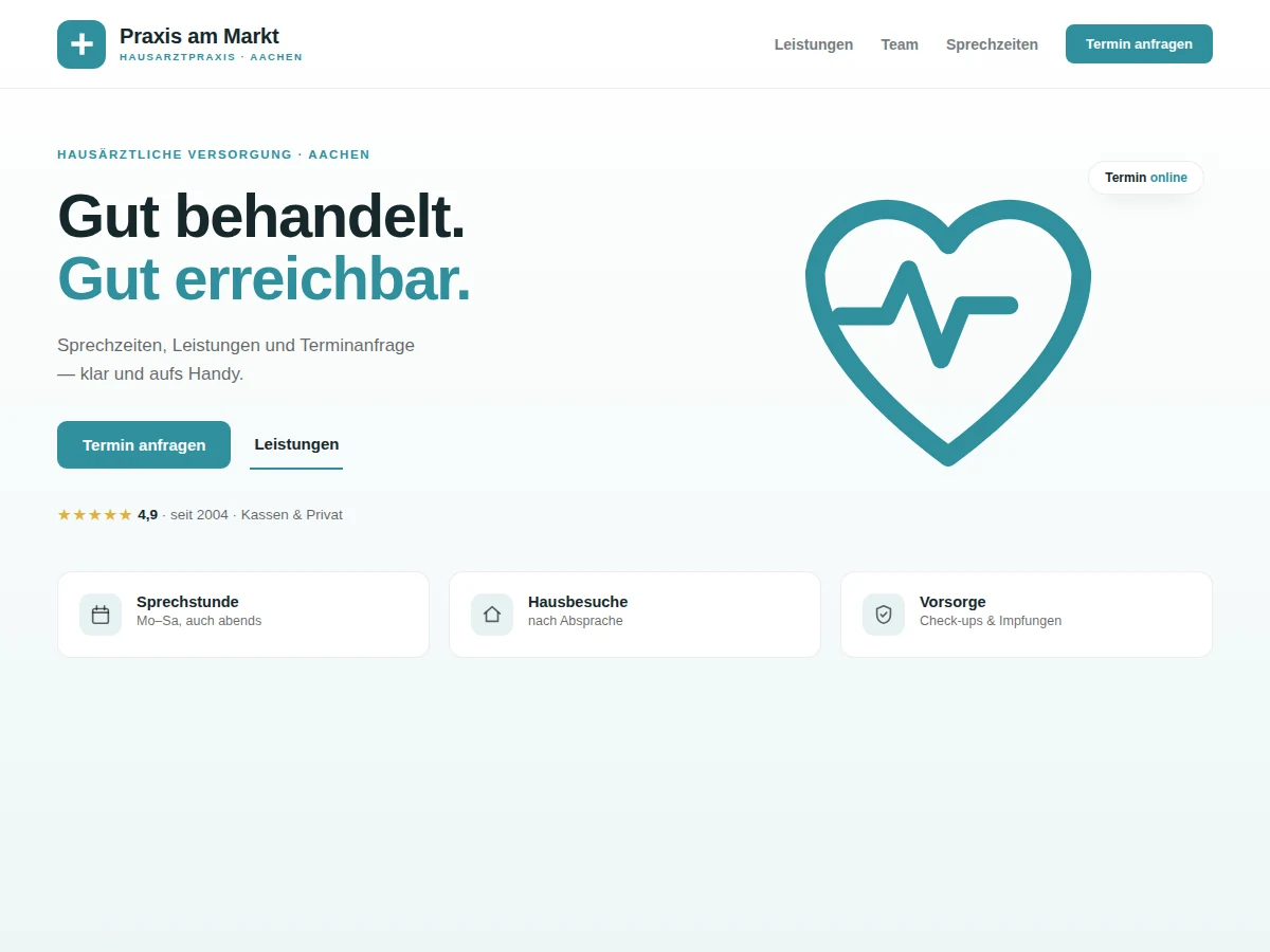 Beispiel-Design einer Arztpraxis-Website mit Sprechzeiten, Leistungen und Online-Terminanfrage (Mockup)