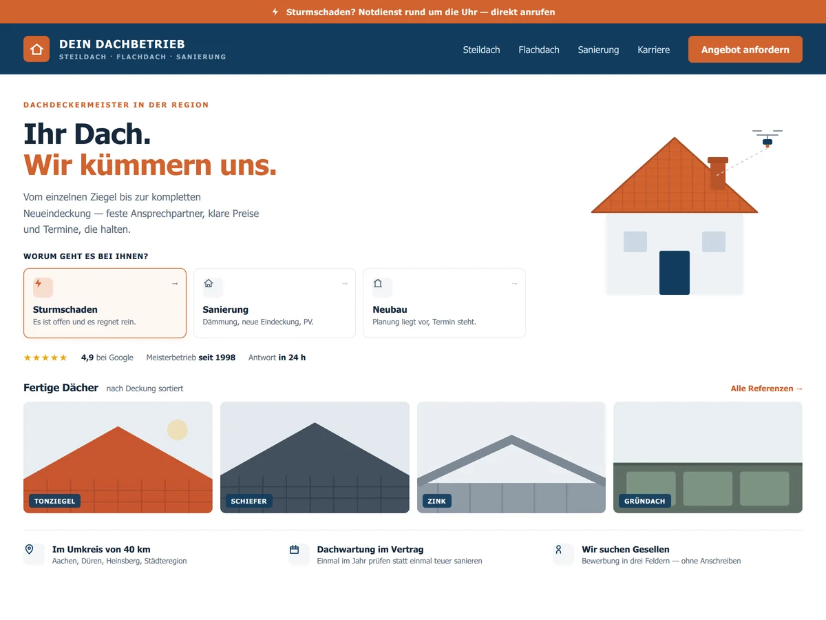 Beispiel-Design einer Dachdecker-Website: Anfrage-Weiche für Sturmschaden, Sanierung und Neubau, darunter Drohnenfotos fertiger Dächer (Mockup)