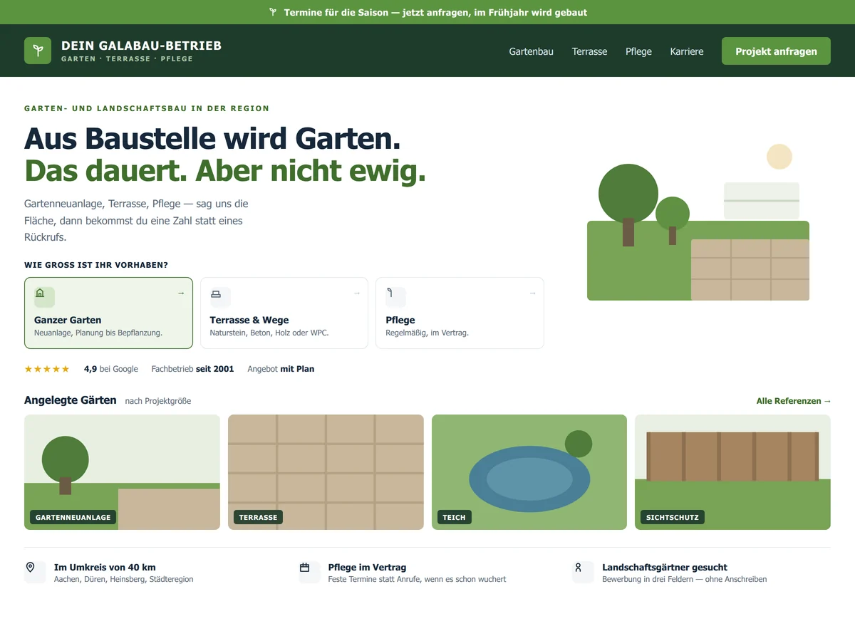 Beispiel-Design einer GaLaBau-Website mit Vorher/Nachher-Vergleich eines angelegten Gartens, Projektgrößen und Anfrage-Formular (Mockup)