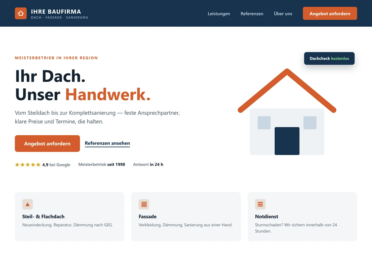 Beispiel-Design einer Handwerker-Website mit Referenz-Galerie, klickbarer Telefonnummer und Angebots-Button (Mockup)