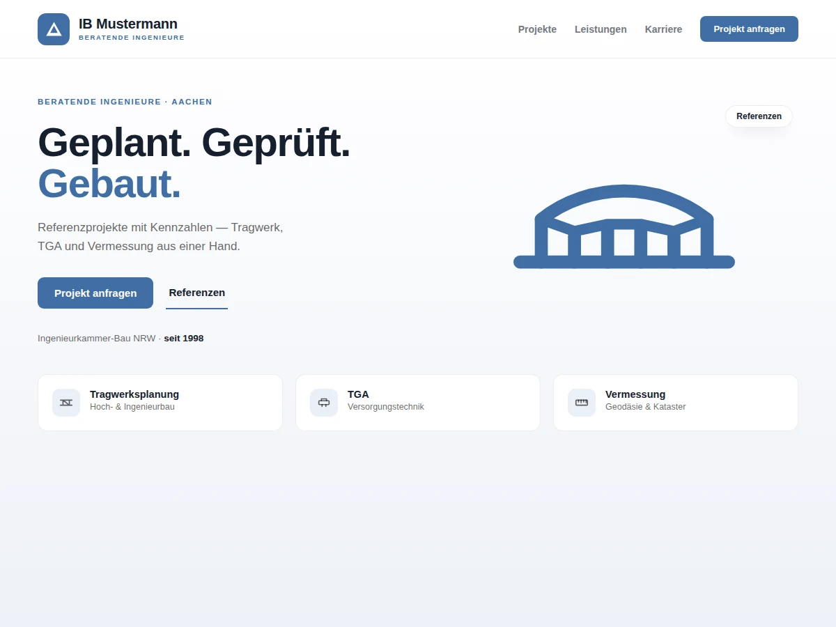 Beispiel-Design einer Ingenieurbüro-Website mit Referenzprojekten, Leistungsfeldern und Karriere-Bereich (Mockup)