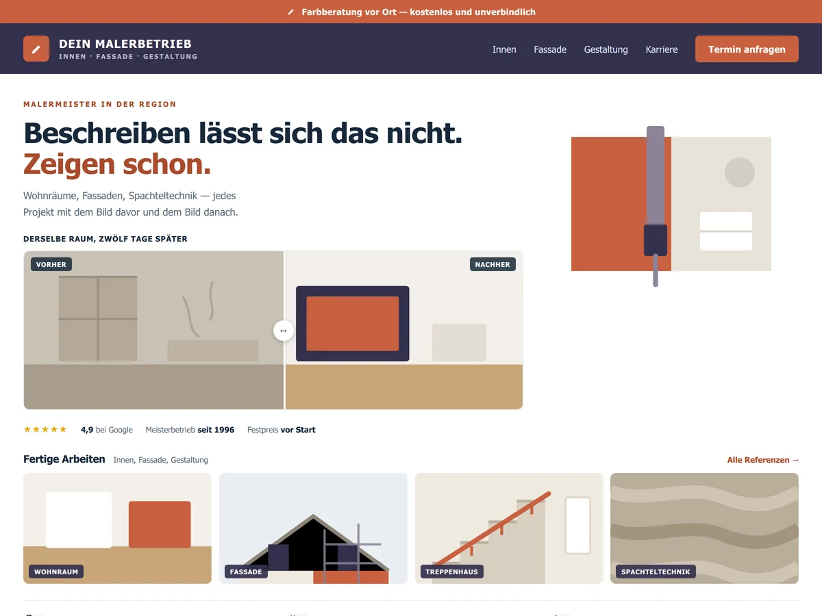 Beispiel-Design einer Maler-Website mit Vorher/Nachher-Vergleich eines renovierten Raums, Leistungsübersicht und Anfrage-Formular (Mockup)