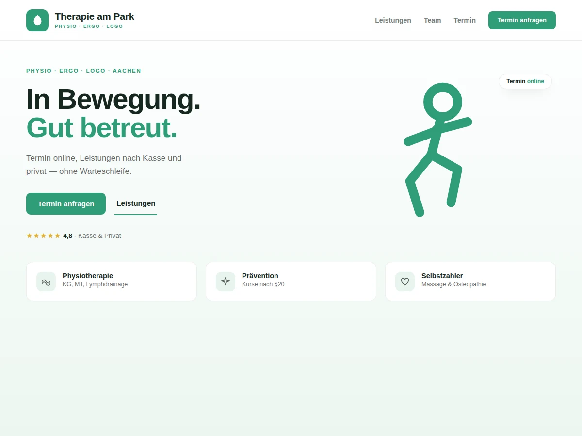 Beispiel-Design einer Therapiepraxis-Website mit Leistungen, Team und Online-Terminanfrage (Mockup)