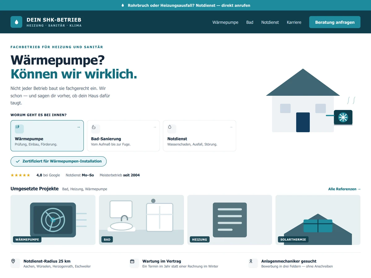 Beispiel-Design einer SHK-Website mit hervorgehobener Wärmepumpen-Qualifikation, Bad-Referenzen und fester Notdienst-Leiste (Mockup)