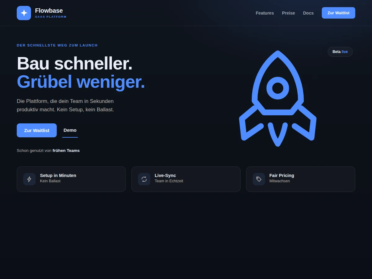 Beispiel-Design einer Startup-Landingpage mit klarer Value-Prop, Feature-Grid und Waitlist (Mockup)