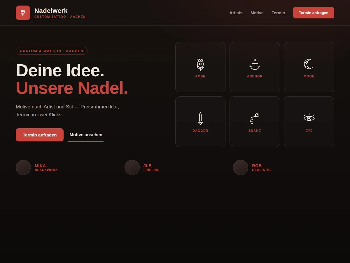 Beispiel-Design einer Tattoo-Studio-Website mit Motiv-Galerie nach Artist und Stil, Terminanfrage und klickbarer Nummer (Mockup)