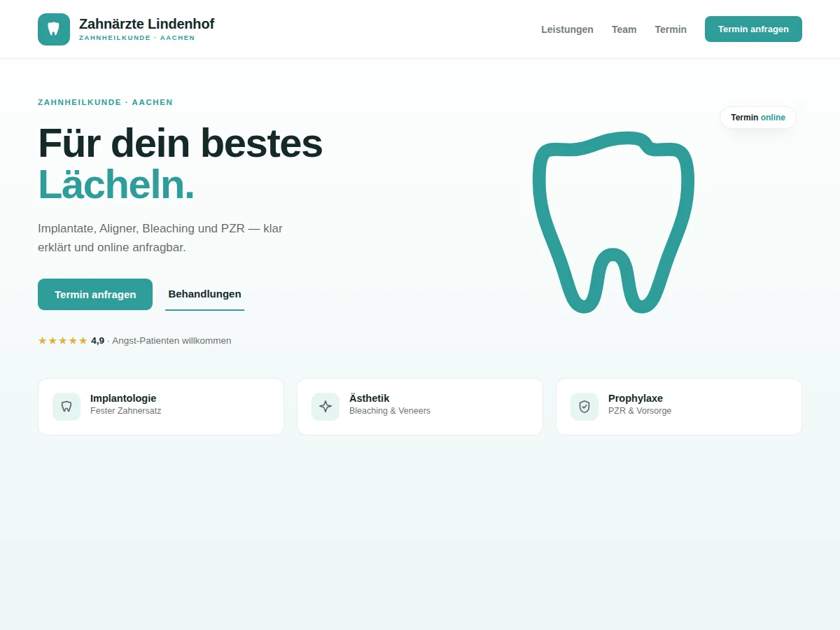 Beispiel-Design einer Zahnarztpraxis-Website mit Leistungen, Team und Online-Terminanfrage (Mockup)