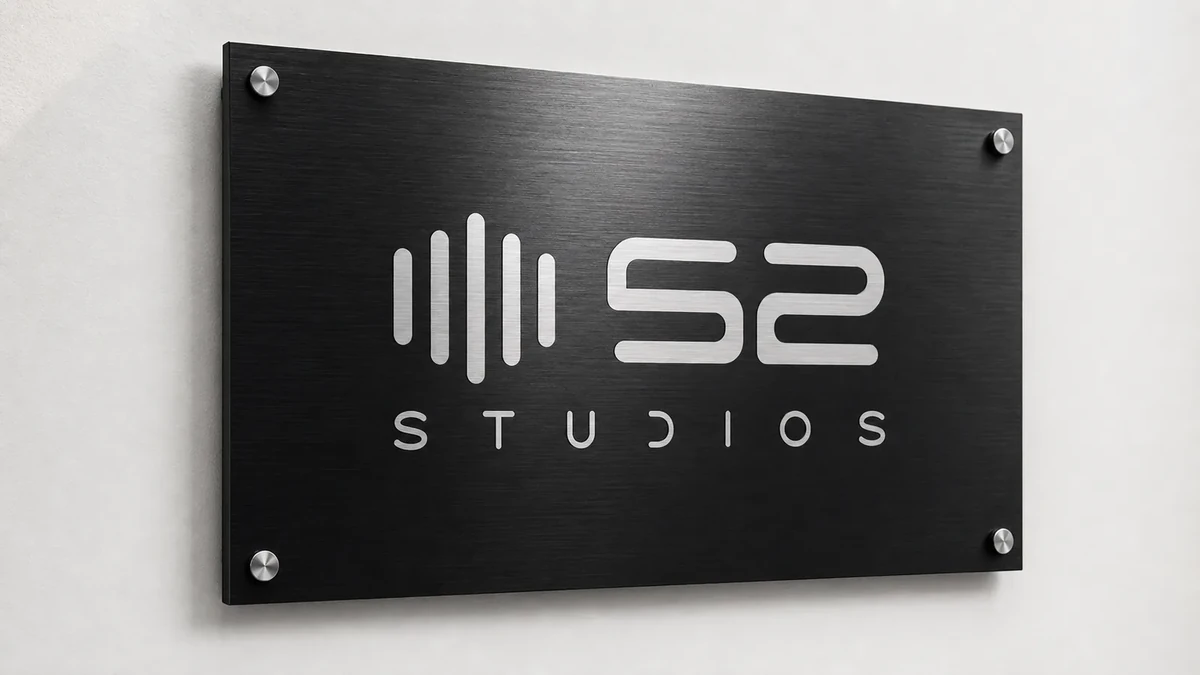 52 Studios Logo auf gebürstetem Aluminium-Schild — Audio-Waveform mit der Ziffer 52, Logo-Design von Emrach