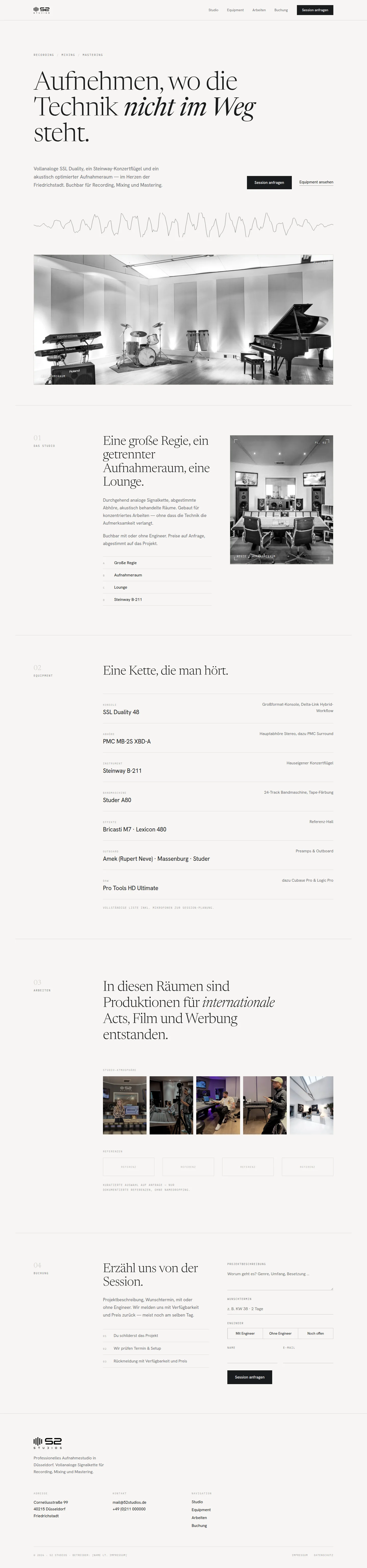 52 Studios Website-Entwurf 2 &mdash; Quiet Luxury mit Serife, komplette Seite von der Startsektion &uuml;ber Studio-Beschreibung, Equipment-Tabelle und Foto-Strecke bis zum Buchungsformular, Webdesign von Emrach aus Aachen