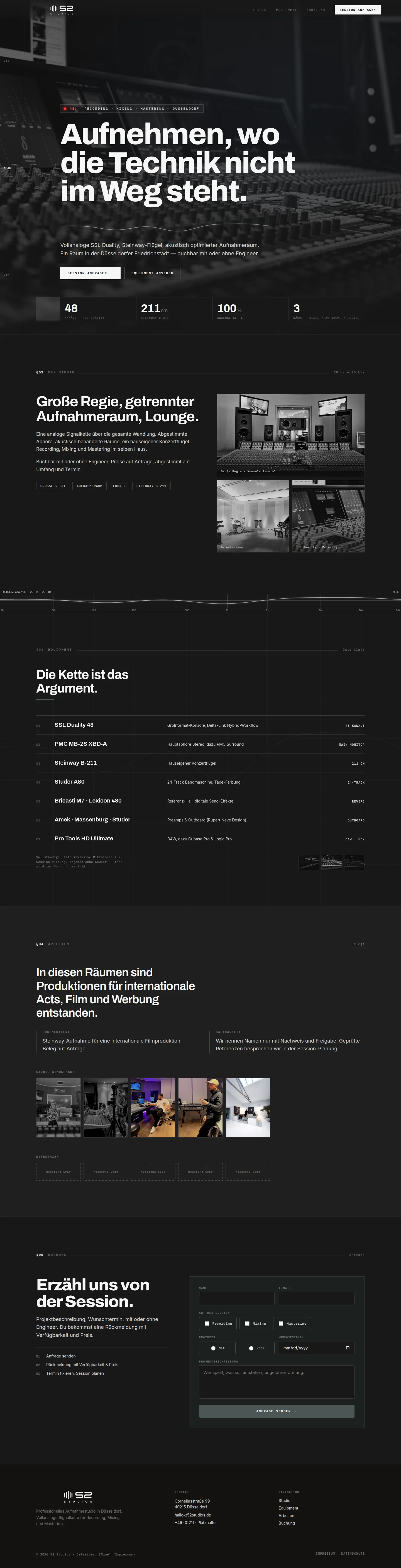 52 Studios Website-Entwurf 4 &mdash; Datenblatt, komplette Seite von der Startsektion &uuml;ber Studio-Beschreibung, Equipment-Tabelle und Foto-Strecke bis zum Buchungsformular, Webdesign von Emrach aus Aachen