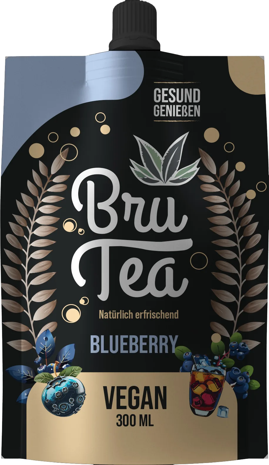 BruTea Vegan-Trinkbeutel — Flat-Layout des ursprünglichen Pouch-Entwurfs vor dem Format-Wechsel auf Glasflasche, Packaging Design von Emrach aus Aachen