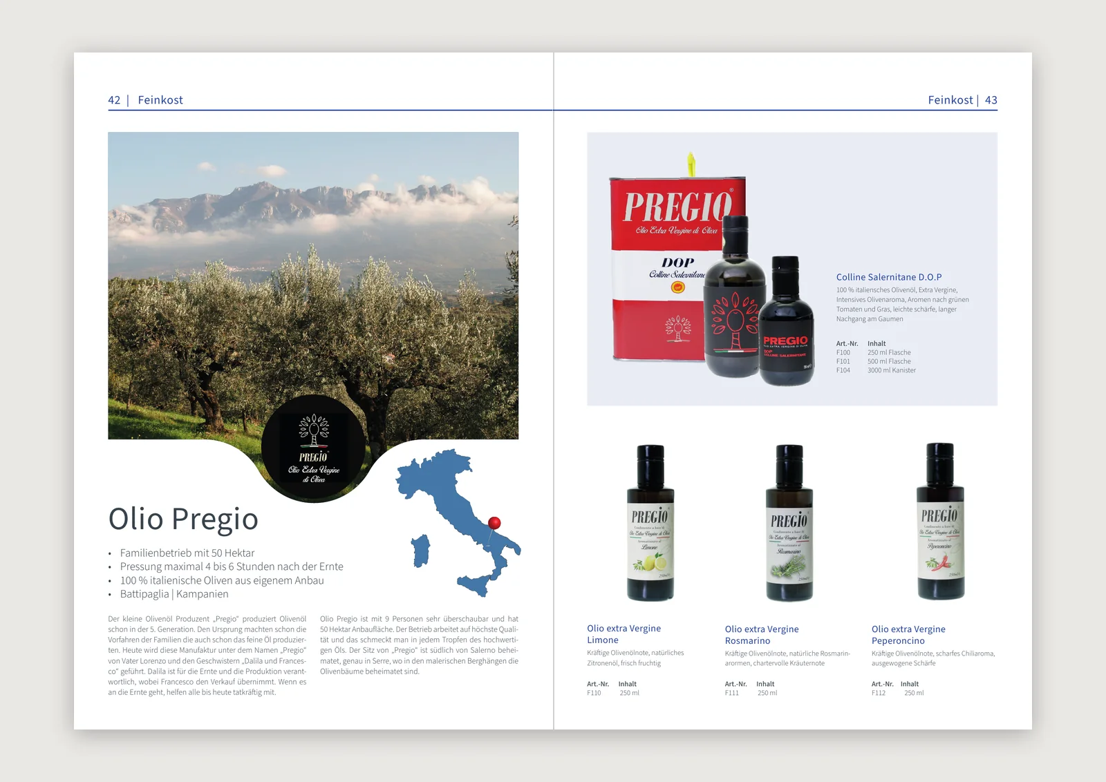 Doppelseite Olio Pregio im difiore-Katalog mit Olivenhain-Panorama und Olivenöl-Sortiment — Reinzeichnung von Emrach aus Aachen