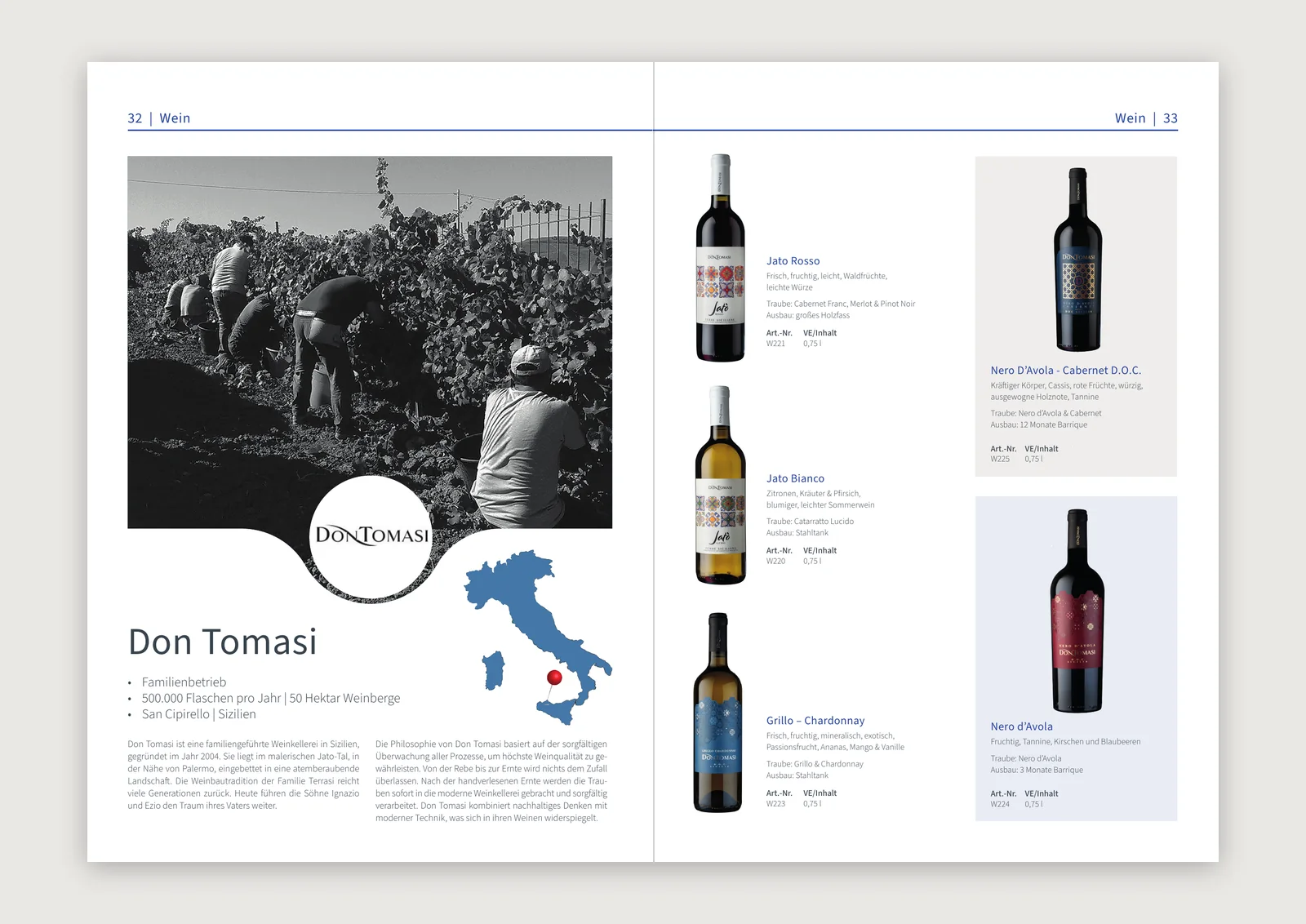 Doppelseite des Wein-Kapitels im difiore-Katalog mit historischem Schwarzweiß-Foto der Weinlese von Don Tomasi — Druckvorstufe von Emrach aus Aachen