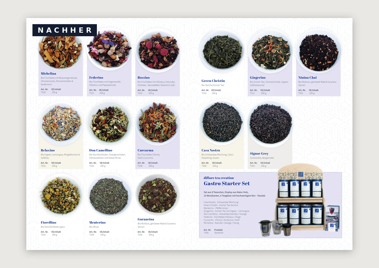 Innenspread des difiore-Tee-Flyers nach dem Redesign mit Tee-Schalen-Raster, Musterhintergrund und Gastro-Starter-Set, gekennzeichnet als NACHHER — Editorial Design von Emrach aus Aachen