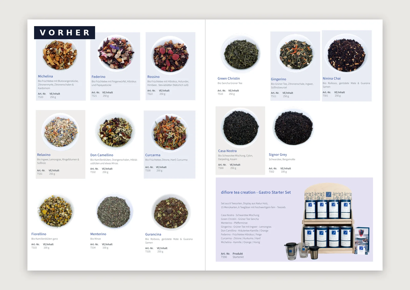 Innenseiten des difiore-Tee-Flyers vor dem Redesign mit einfachem Produktraster, gekennzeichnet als VORHER — Ausgangslage im Case difiore