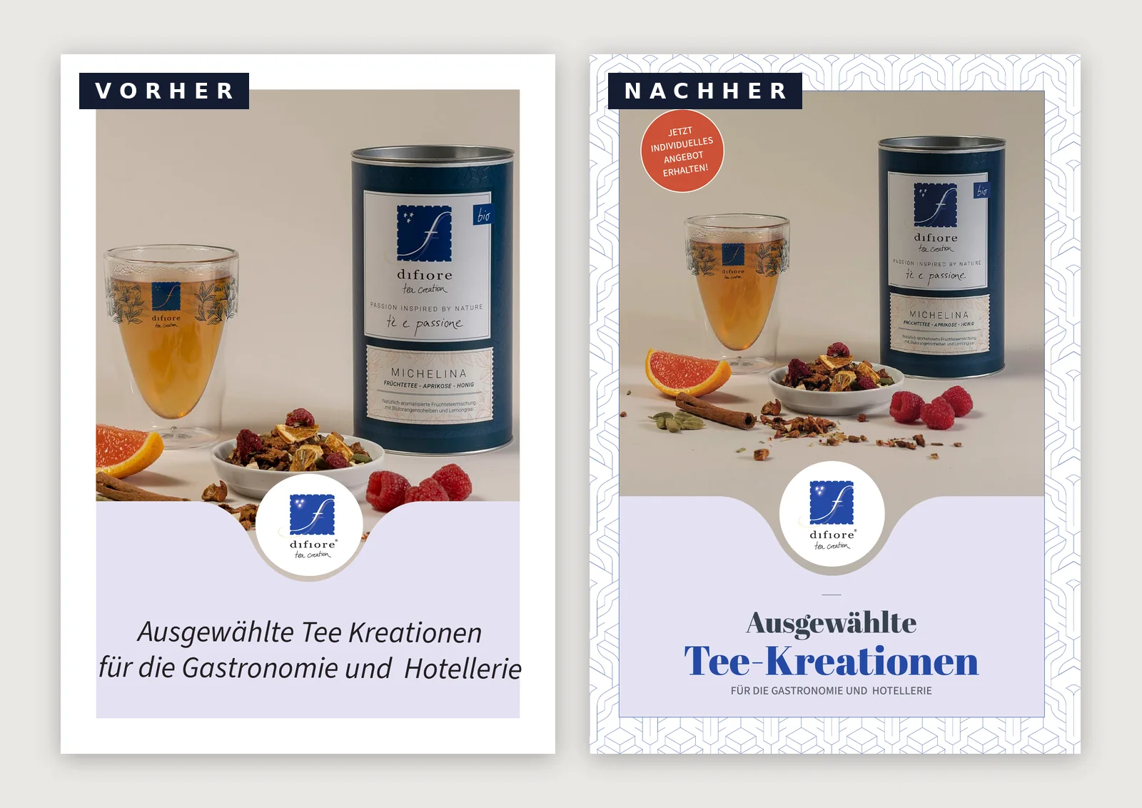 Vorher-Nachher-Vergleich des difiore-Tee-Flyer-Covers mit VORHER- und NACHHER-Kennzeichnung — Redesign von Emrach aus Aachen