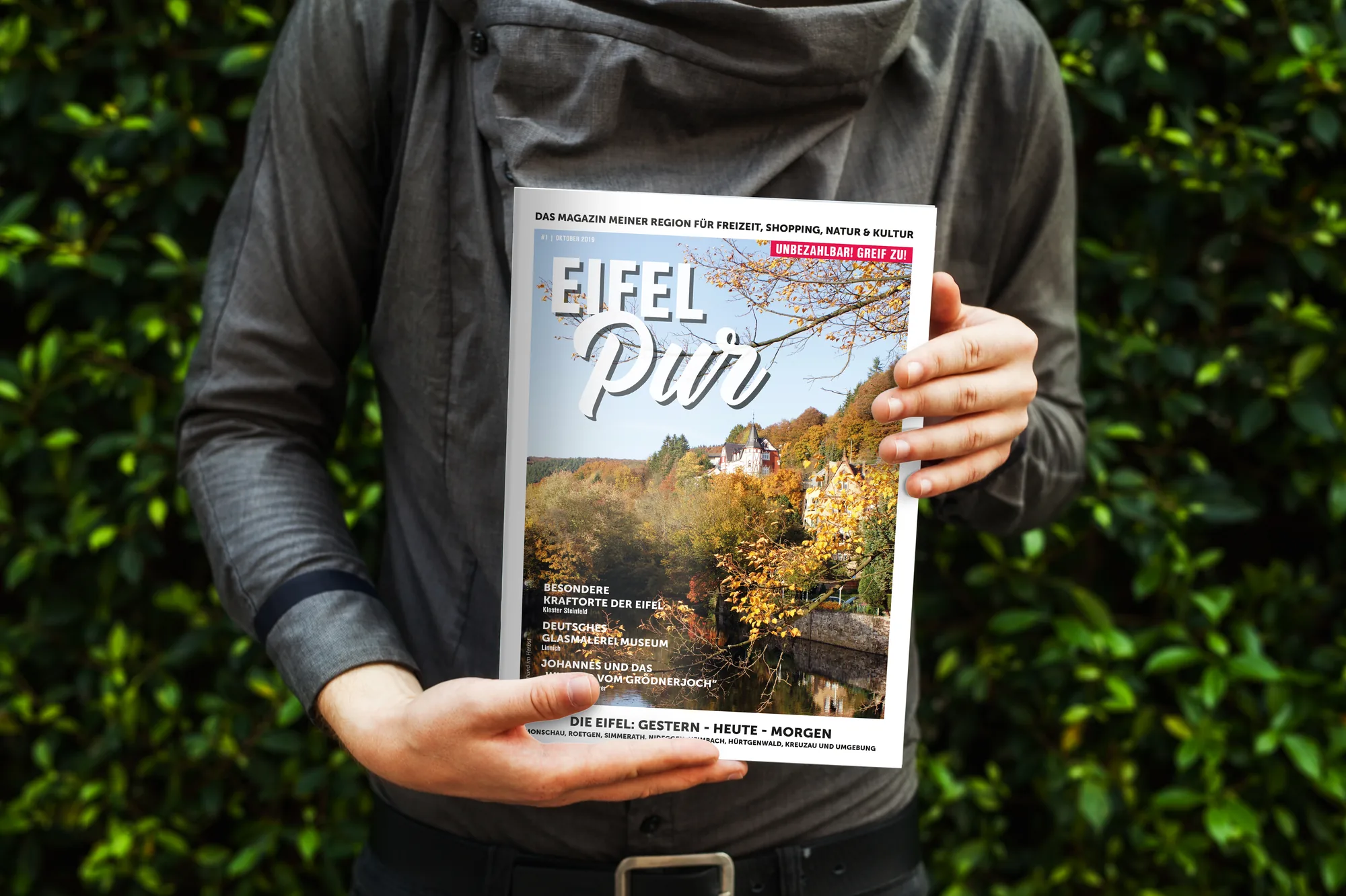 Eifel Pur Ausgabe 1 — Cover-Mockup in zweiter Natur-Variante, Editorial Design von Emrach aus Aachen