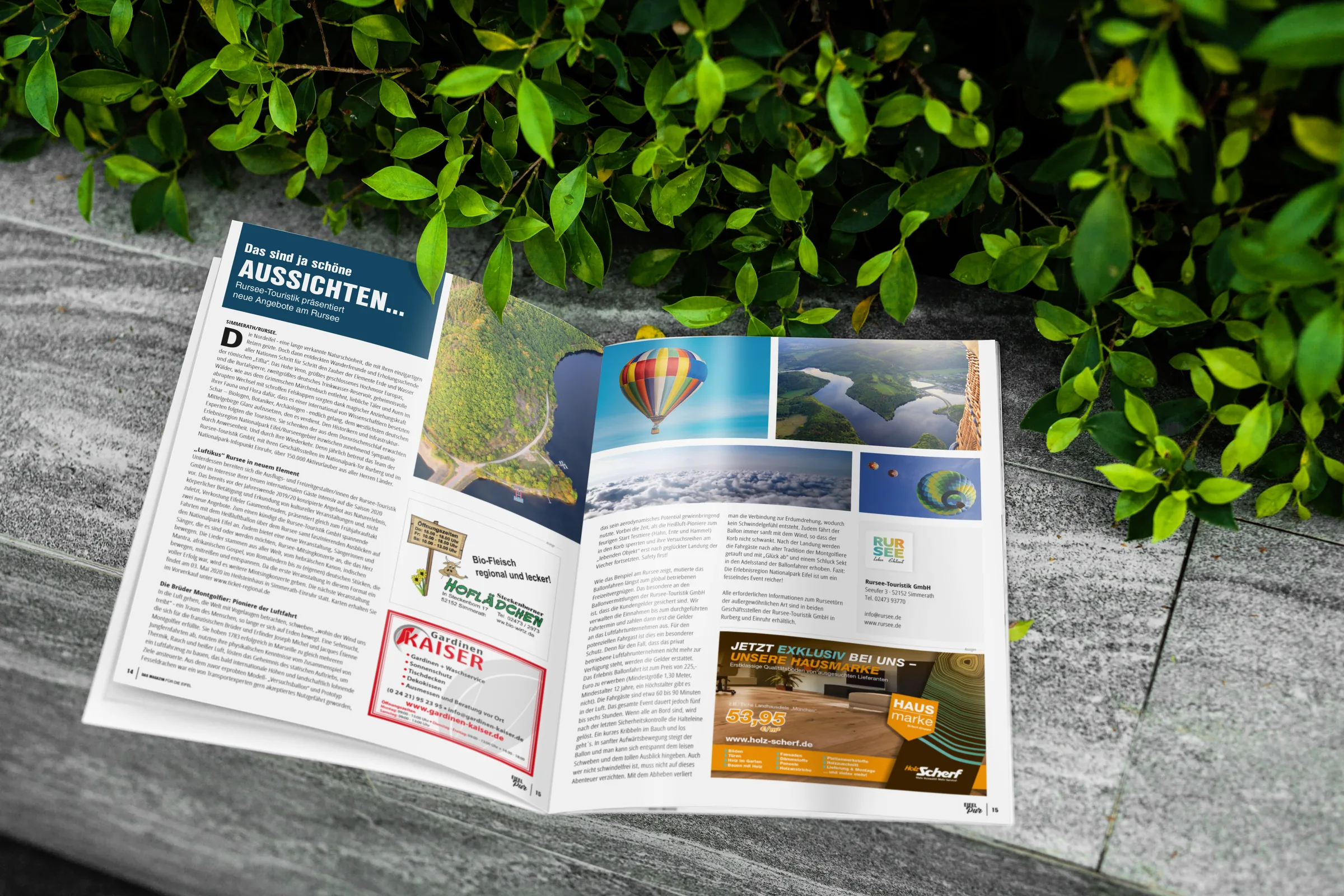 Eifel Pur Magazin — Doppelseite »Das sind ja schöne Aussichten« mit Anzeigengestaltung lokaler Eifeler Betriebe, Editorial Design von Emrach aus Aachen