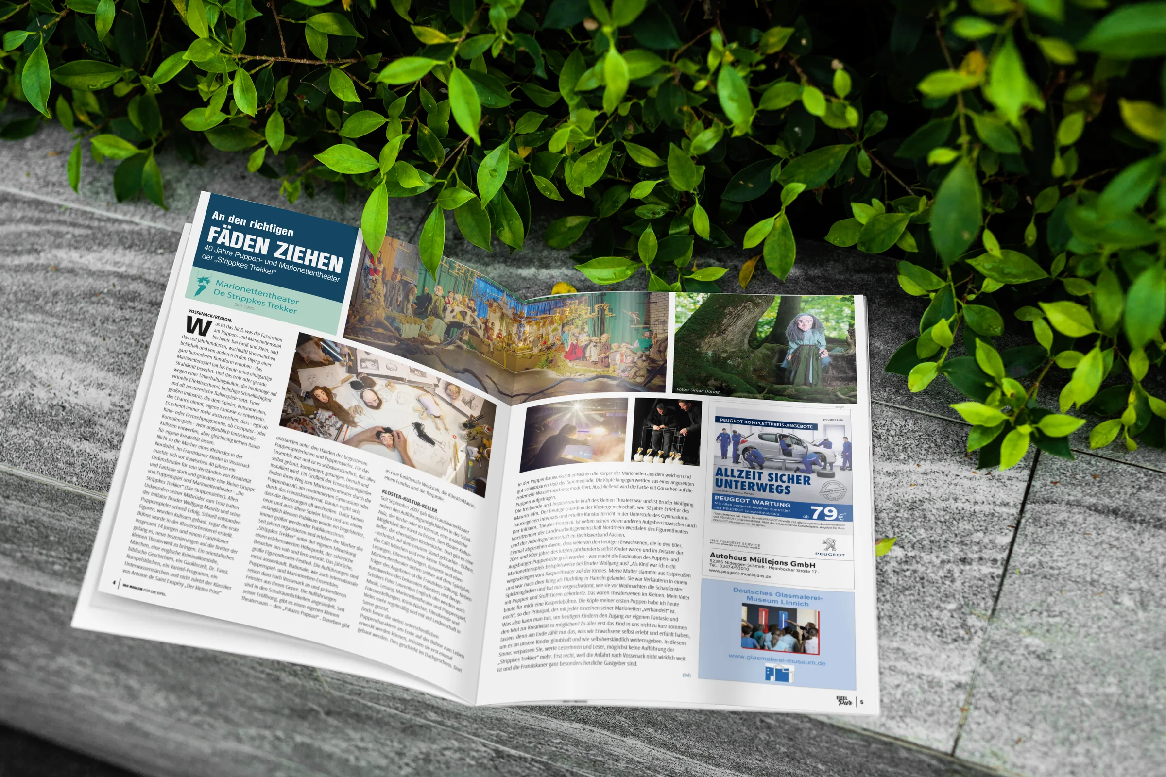Eifel Pur Magazin — Doppelseite »Aussichten« in zweiter Layout-Variante mit alternativer Anzeigenkomposition, Editorial Design von Emrach aus Aachen