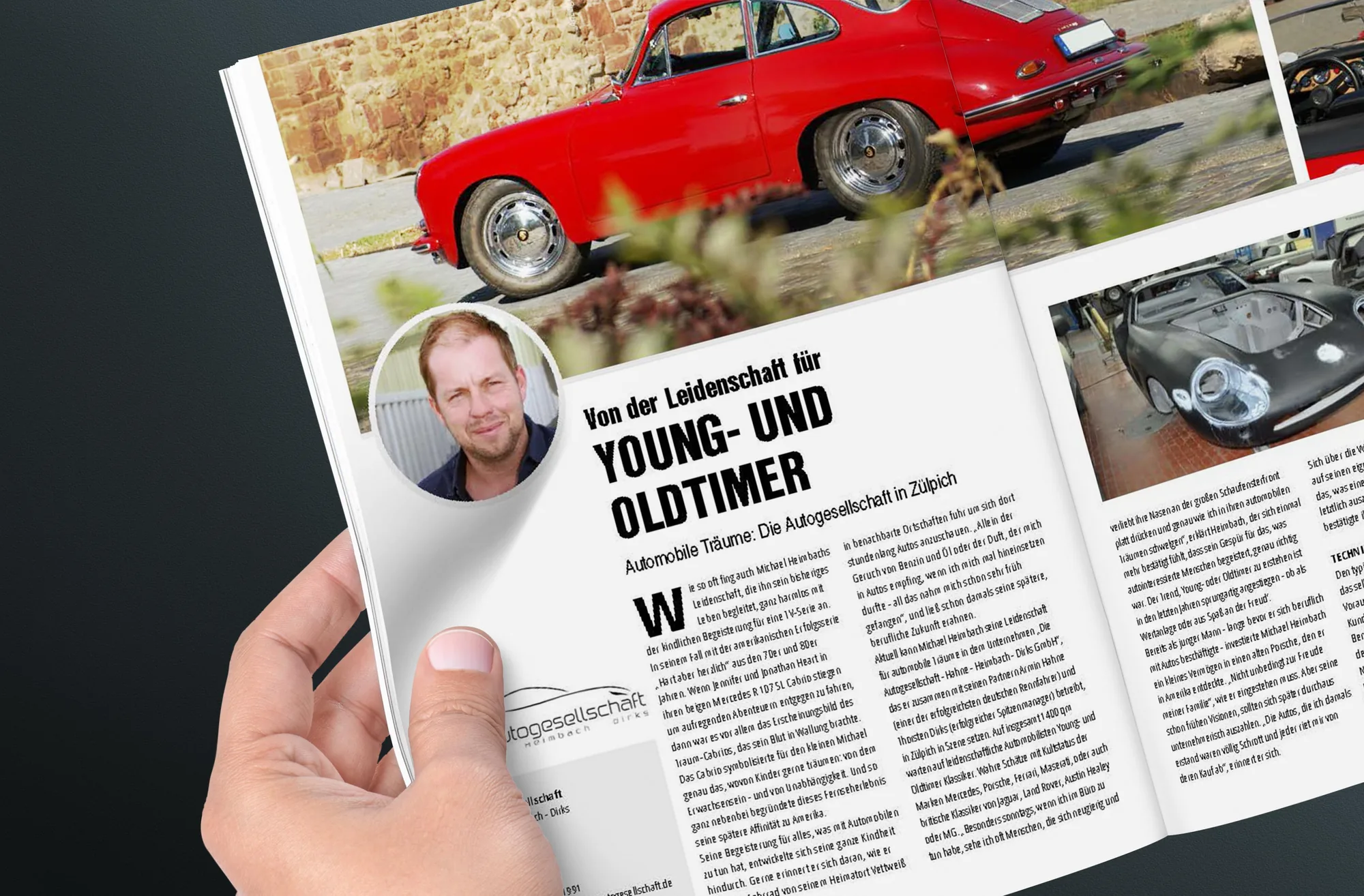 Eifel Pur Magazin — Doppelseite Firmenportrait »Von der Leidenschaft für Young- und Oldtimer« — Autogesellschaft Zülpich, Editorial Design von Emrach aus Aachen