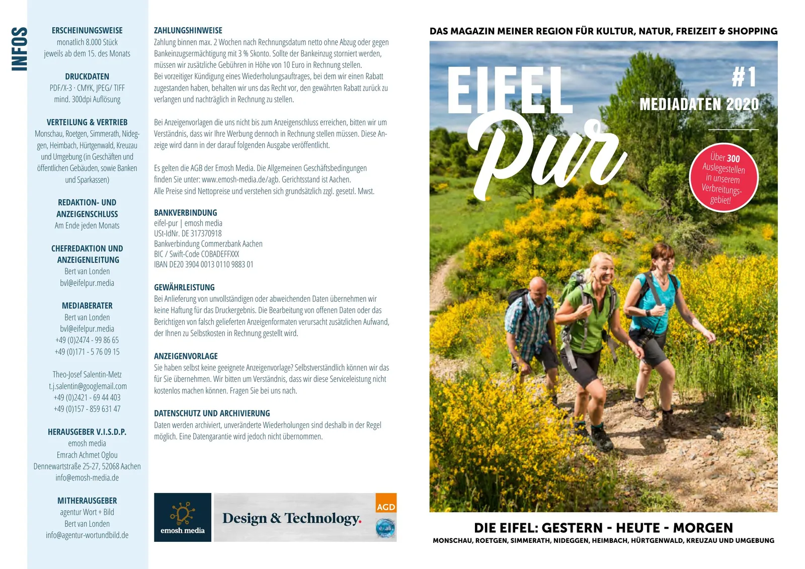 Eifel Pur Mediadaten 2020 — Cover-Doppelseite des A5-Mediakits mit Auflage, Vertriebsgebieten und Impressum, Design von Emrach aus Aachen