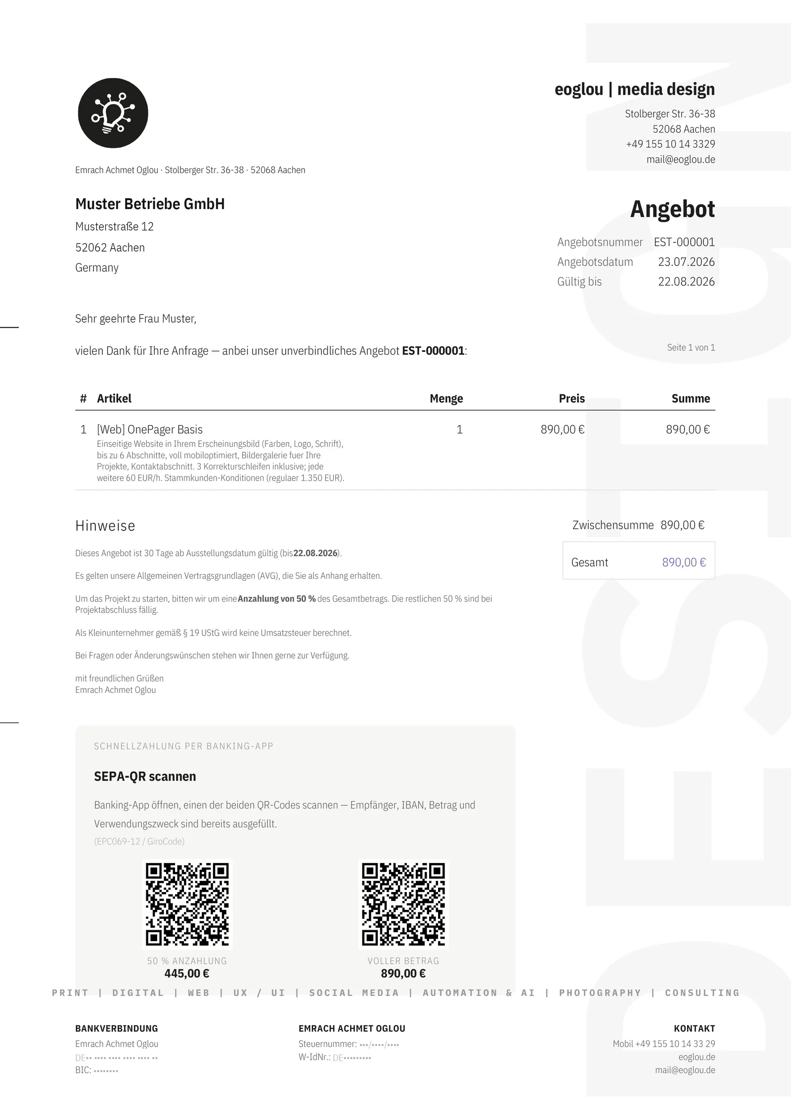 Vollst&auml;ndiges Angebots-PDF von eoglou mit Positionen und zwei SEPA-QR-Codes &mdash; Automatisierung von Emrach aus Aachen