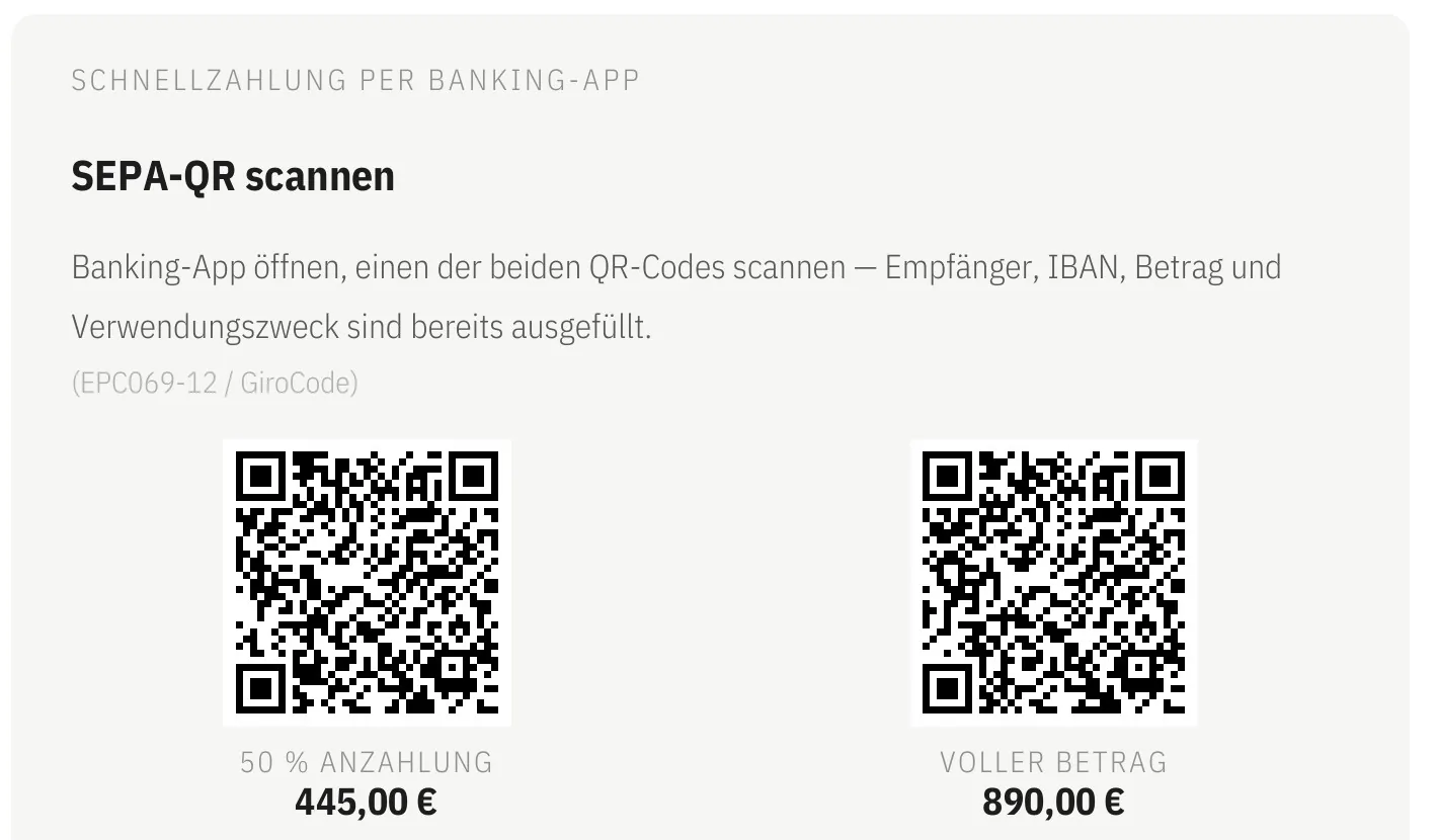 Ausschnitt des Angebots-PDF mit beiden SEPA-QR-Codes (GiroCode) &mdash; links die Anzahlung mit 445,00 Euro, rechts der Gesamtbetrag mit 890,00 Euro &mdash; Automatisierung von Emrach aus Aachen