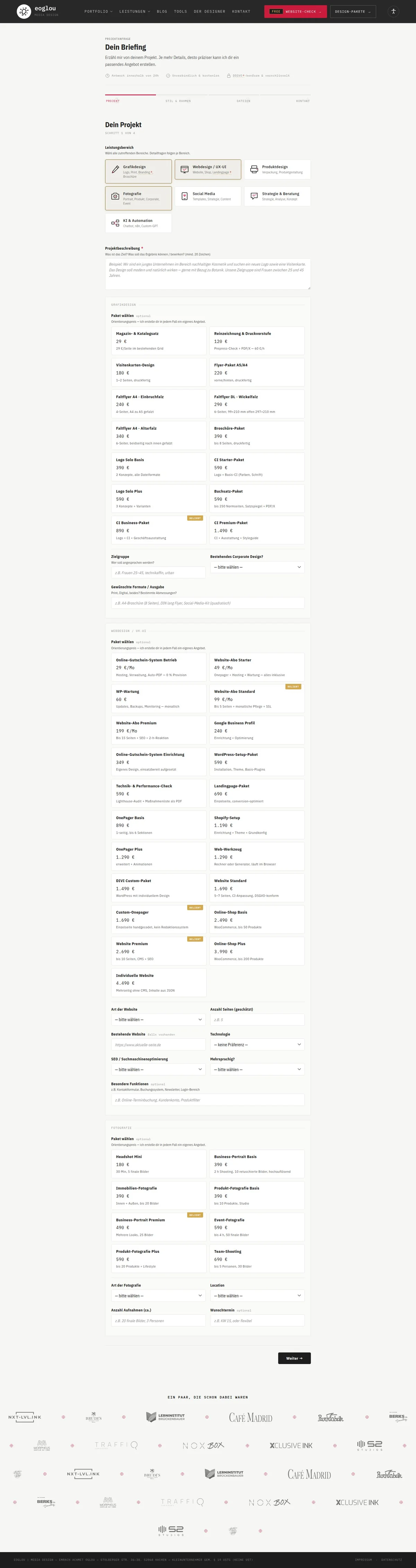 Briefingformular auf eoglou.de mit drei aufgeklappten Bereichen und Pflichtfeldern &mdash; Webentwicklung von Emrach aus Aachen