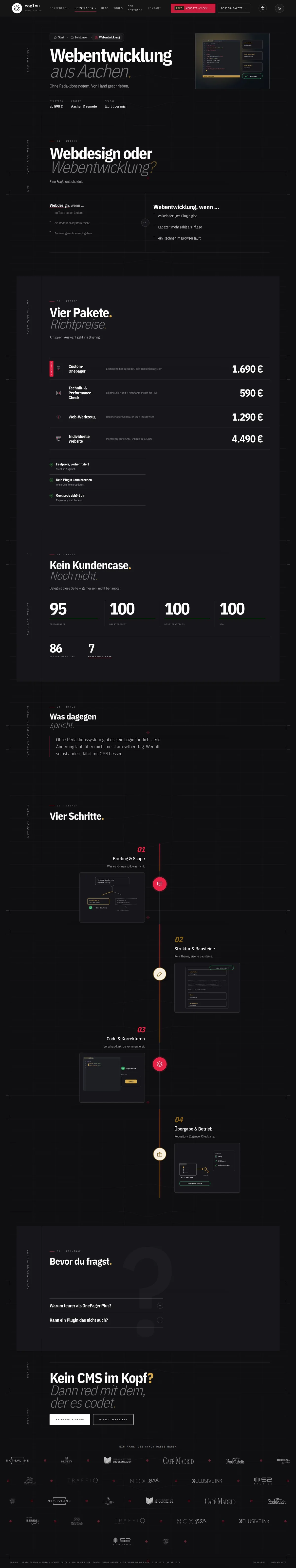Leistungsseite Webentwicklung auf eoglou.de mit der Weiche zwischen Webdesign und Webentwicklung, Preisen und vierstufigem Ablauf &mdash; Webdesign von Emrach aus Aachen