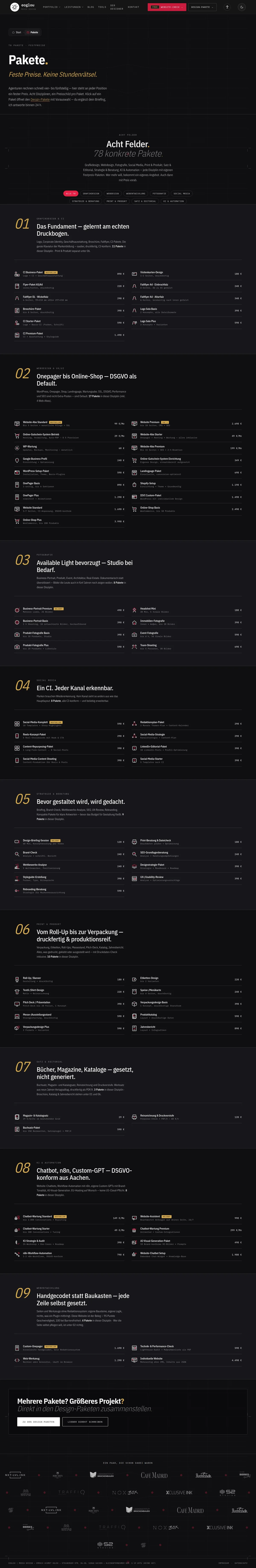 Paketkatalog auf eoglou.de mit Festpreisen, nach Disziplinen sortiert &mdash; Webdesign von Emrach aus Aachen