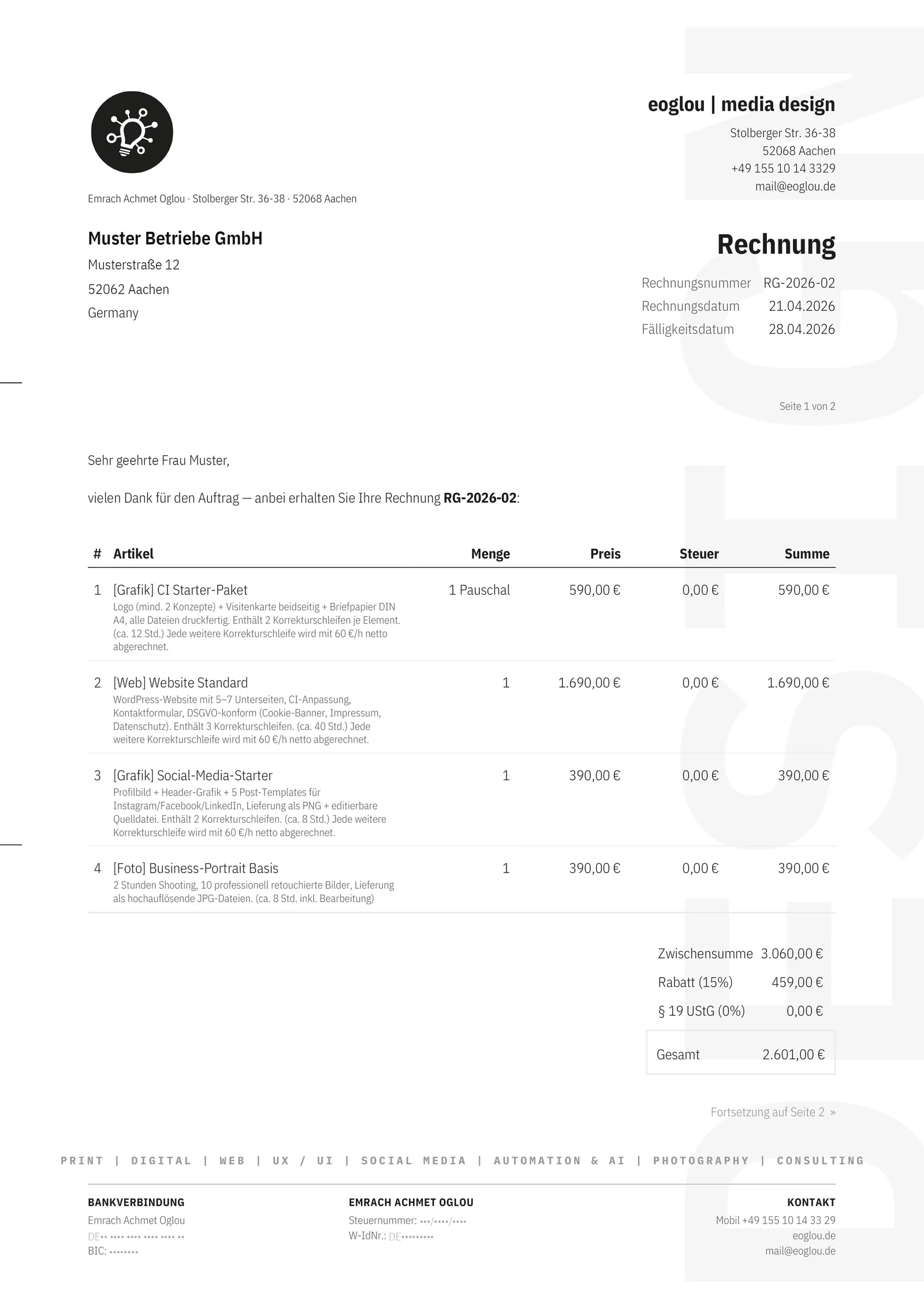 Erste Seite einer ZUGFeRD-Rechnung von eoglou mit Positionen, Rabatt und Gesamtbetrag &mdash; Automatisierung von Emrach aus Aachen