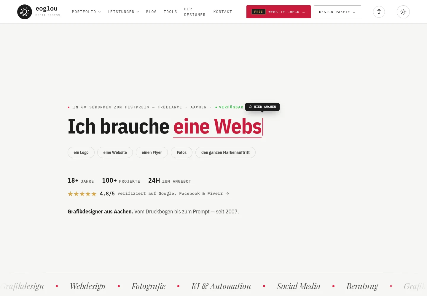 Startseite von eoglou.de im hellen Modus &mdash; Webdesign von Emrach aus Aachen