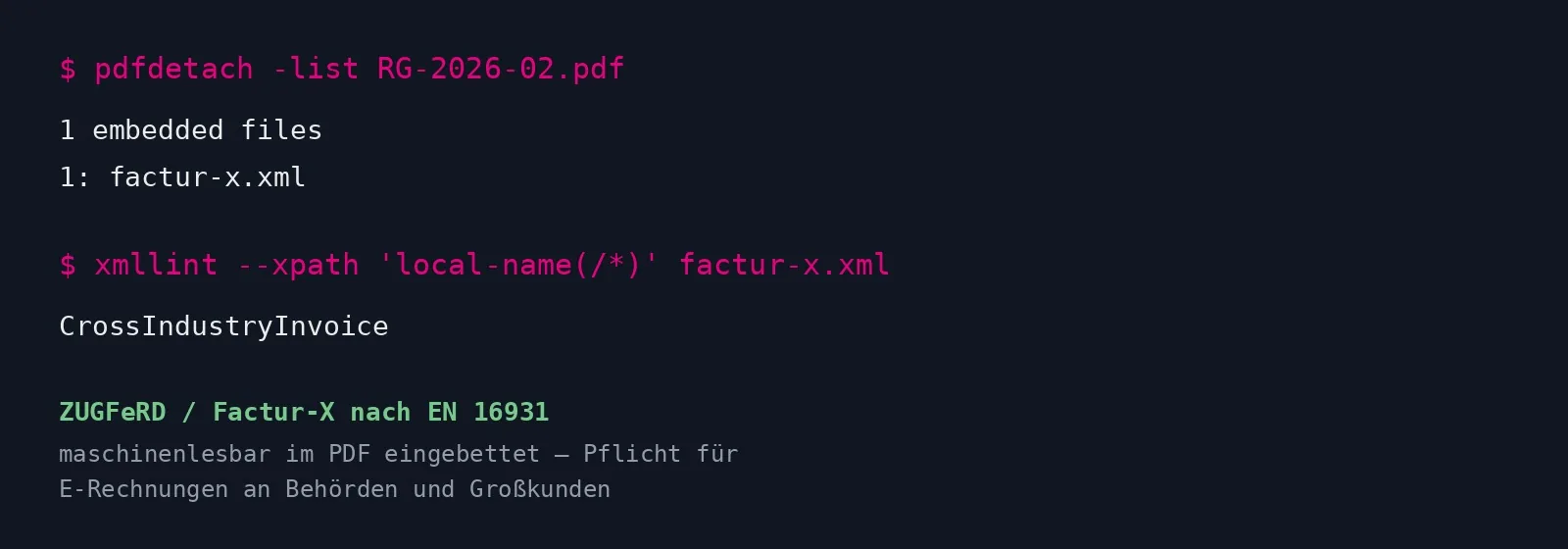 Terminal-Ausgabe von pdfdetach mit der im Rechnungs-PDF eingebetteten factur-x.xml und dem Profil EN 16931 &mdash; Automatisierung von Emrach aus Aachen