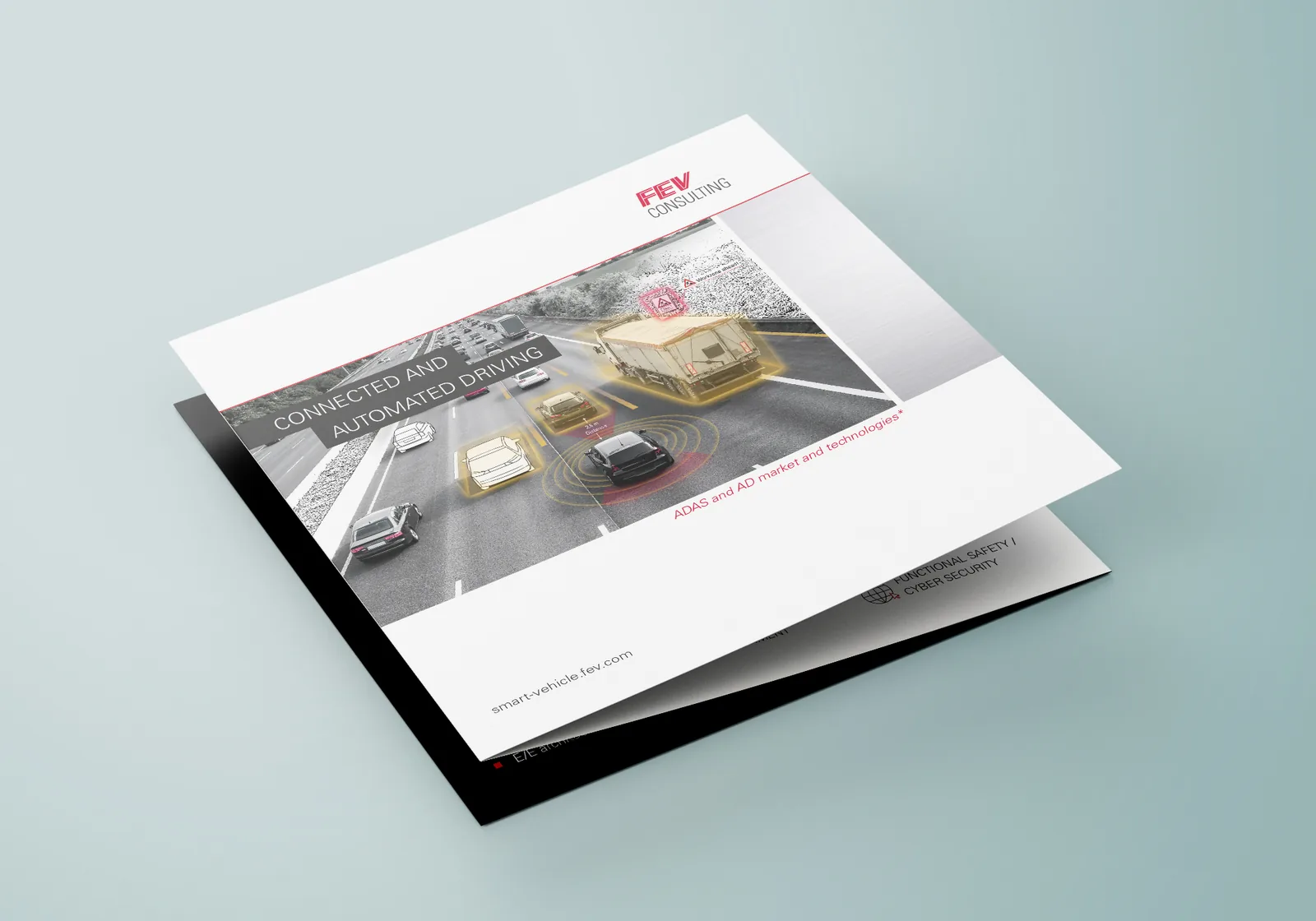 Broschüren-Titel Connected and Automated Driving mit Fahrbahn-Visualisierung — Broschüren-Design von Emrach aus Aachen für FEV Consulting